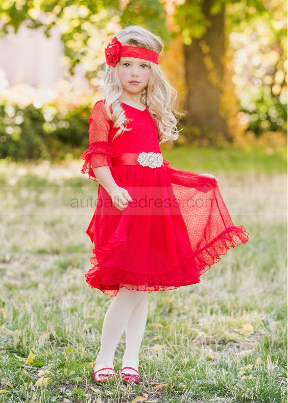 Bell Sleeve Polka Dot Tulle Knee Length Flower Girl Dress Bell Sleeve Polka Dot Tulle Knee Length Flower Girl Dress